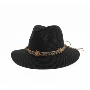 Chapeau Fedora en Paille pour Femmes à Large Bord Protection Solaire Plage Été Décontracté Voyage Tissé Panama