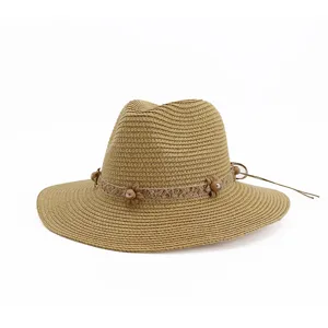 Chapeau de paille tressée pour femme, élégant fedora avec ruban floral, idéal pour l'été.