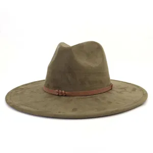 Detailed view of army green suede fedora hat with brown braided strap, wide brim design.