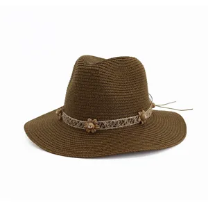 Chapeau de paille marron femme fedora chapeau de plage ruban dentelle et fleurs