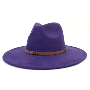 Stylish purple suede fedora hat with brown strap wide brim fashion gentleman hat for men women