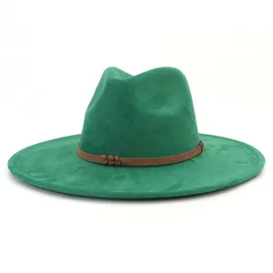 Green suede fedora hat with brown braided band, wide brim classic gentleman style.