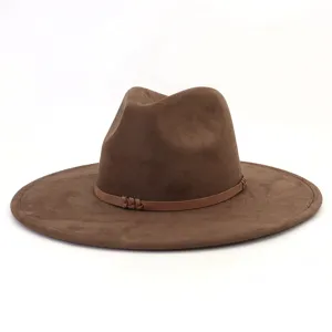Close-up detail of brown suede fedora hat wide brim stylish braided band fashion accessory.