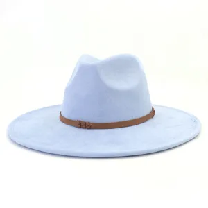 Close-up detail of the light blue suede fedora hat, featuring a stylish brown braided band.