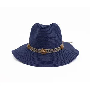 Chapeau de paille Fedora bleu marine pour femme chapeau de plage anti-UV protection été