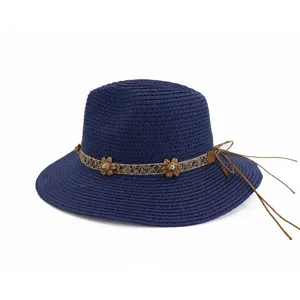 Chapeau de paille bleu marine pour femme, chapeau de plage anti-soleil avec bande florale.