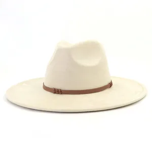 Detailed view of beige suede fedora hat with brown woven band for classic gentleman look.