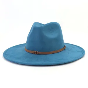Blue suede fedora hat wide brim jazz cap for men and women couple casual stylish fashion headwear