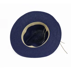 Chapeau de Paille Bleu Marine Femme Été Plage Fedora Extérieur Protection Solaire