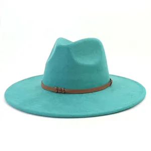 Detail view of the turquoise faux suede wide brim fedora hat with brown braided belt strap.