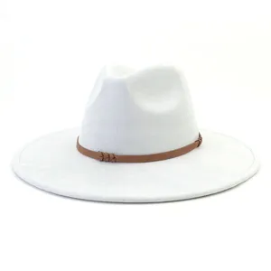 White suede fedora hat detail view, stylish wide brim flat gentleman hat for outdoor wear.
