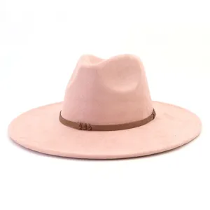 Pink suede fedora hat with brown braided band, wide brim classic gentleman hat detail view.