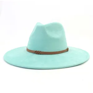 Stylish mint green suede fedora hat featuring a brown braided band and classic wide brim design.