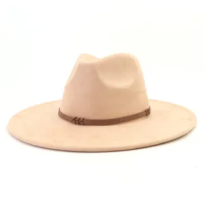 Khaki suede fedora hat with brown strap wide brim stylish unisex fashion gentleman hat
