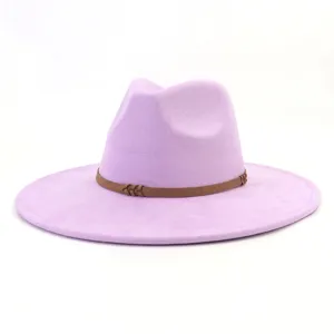 Purple faux suede fedora hat with brown braided band, wide brim hat for men and women