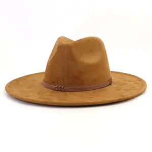 Brown suede fedora hat detail, showing the wide brim and woven band texture clearly.