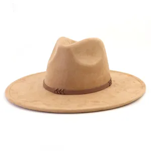 Detailed view of the stylish khaki suede fedora hat featuring a classic brown braided band.