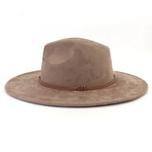 Classic brown suede fedora hat with wide flat brim and braided leather band for men and women.