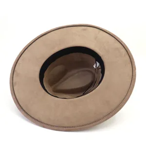 Brown suede fedora hat interior detail, wide flat brim, classic daily wear style.