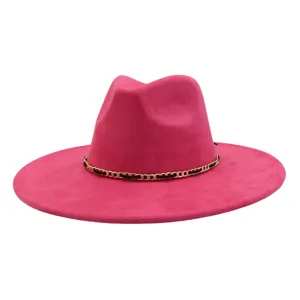 Hot pink suede flat brim fedora hat with gold chain detail, stylish wide brim jazz hat.