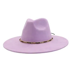 Purple wide brim fedora hat with metal chain decoration for men and women fashion style