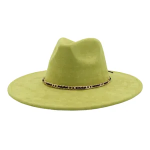 Green suede fedora hat with chain detail, stylish wide flat brim jazz cap for daily wear.