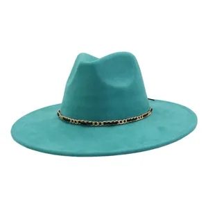 Turquoise suede fedora hat with metal chain band, stylish wide brim jazz hat for men and women.
