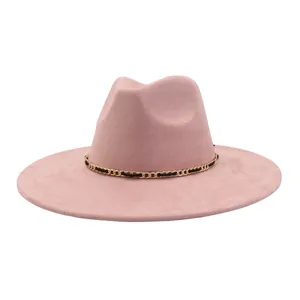 Pink suede fedora hat for women, wide brim jazz cap with black gold chain band stylish fashion.