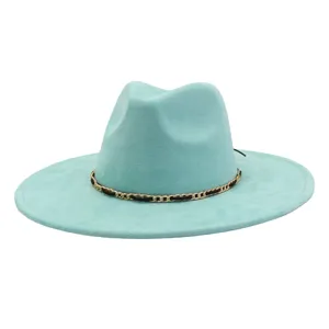 Turquoise suede wide brim fedora hat with metal chain decoration for stylish daily wear.