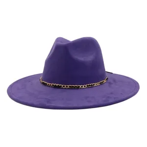 Close-up detail of the purple suede fedora hat featuring a chic black and gold chain band.