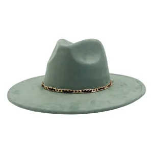 Green suede fedora hat with metal chain wide brim fashion jazz hat for men and women stylish