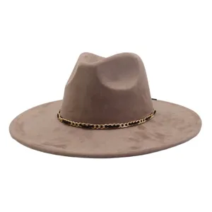 Unisex Fashion Suede Fedora Hat Wide Brim Vintage Jazz Hat With Metal Chain