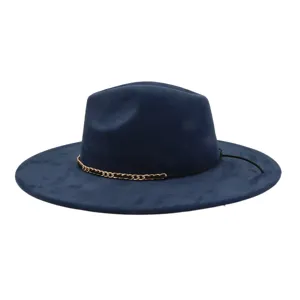 Close-up of the dark blue suede fedora hat, featuring fine texture and gold chain decoration.