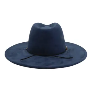 Navy blue suede wide-brim fedora hat with black cord detail, classic jazz hat style accessory.