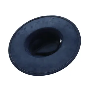 Detailed view of the dark blue suede fedora hat, showing the wide brim and texture.