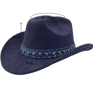 Suede western cowboy hat with rhinestone denim band detail view, adjustable size 56-58cm for fashion.