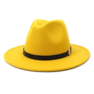 Chapeau fedora en feutre de laine pour femme avec ceinture noire et boucle métal hiver mode