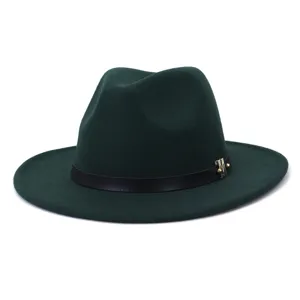 Chapeau fedora en feutre de laine vert pour femme, élégant chapeau de jazz à bord plat.
