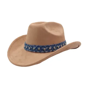 Close-up of the stylish brown suede western cowboy hat featuring a decorated denim band.