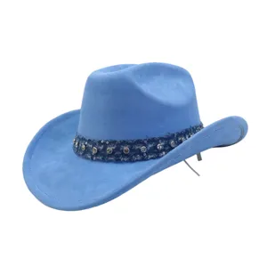 Blue suede western cowboy hat with rhinestone denim band, stylish fashion hat for women.