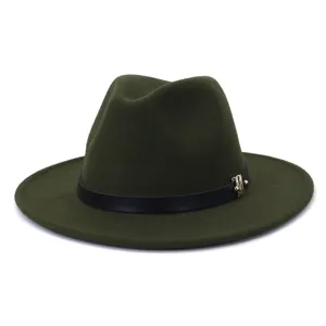 Chapeau fedora en feutre vert foncé femme automne hiver bord plat jazz avec ceinture noire