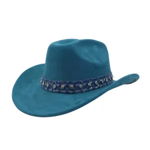 Suede Western Cowboy Hat Retro Ethnic Jazz Hat Rhinestone Denim Patchwork Wide Brim Fedora Cap For Men Women Outdoor