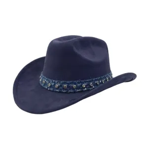 Navy blue suede western cowboy hat detail featuring denim and rhinestone decorative hatband.