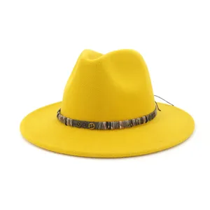 Κίτρινο μάλλινο καπέλο fedora γυναικείο, φαρδιά επίπεδη άκρη, τζαζ καπέλο με διακοσμητική ταινία.
