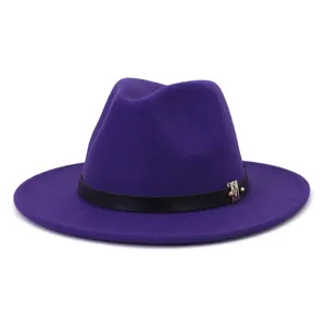 Chapeau fedora en laine violette pour femmes, chapeau de jazz élégant à large bord avec ruban noir.