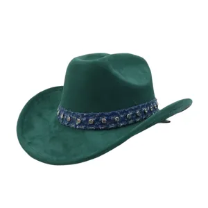 Green suede cowboy hat for women men, stylish jazz cap with denim rhinestone band decor.