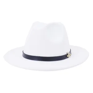 Chapeau fedora en laine blanche pour femmes avec bande en cuir noir et détail de logo M.