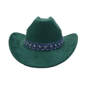 Dark green suede cowboy hat for women men western jazz hat with rhinestone denim hatband retro
