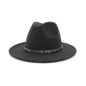 Μαύρο καπέλο fedora από μάλλινη τσόχα, καπέλο jazz με φαρδύ γείσο και vintage λουρί για το χειμώνα.