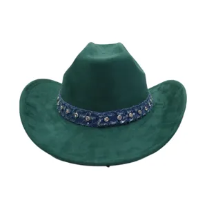 Green suede western cowboy hat with denim rhinestone band stylish retro jazz cap for women